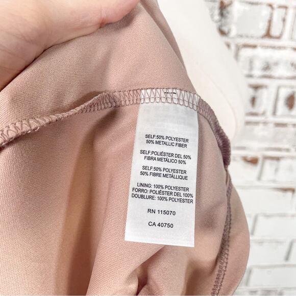 Nina Leonard Rose Gold Metallic Chiffon Sheer Mock Neck Cocktail Midi Dress - Picture 16 of 16